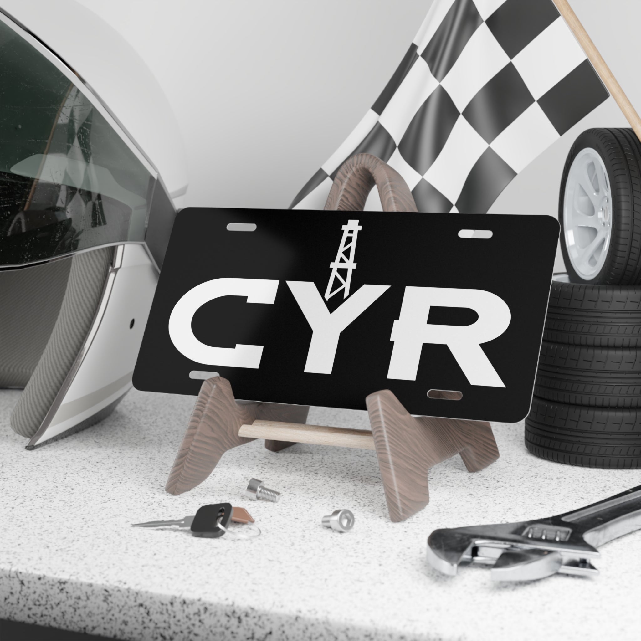 CYR Oil Derrick Vanity License Plate — Personalized Black Aluminum Car Tag